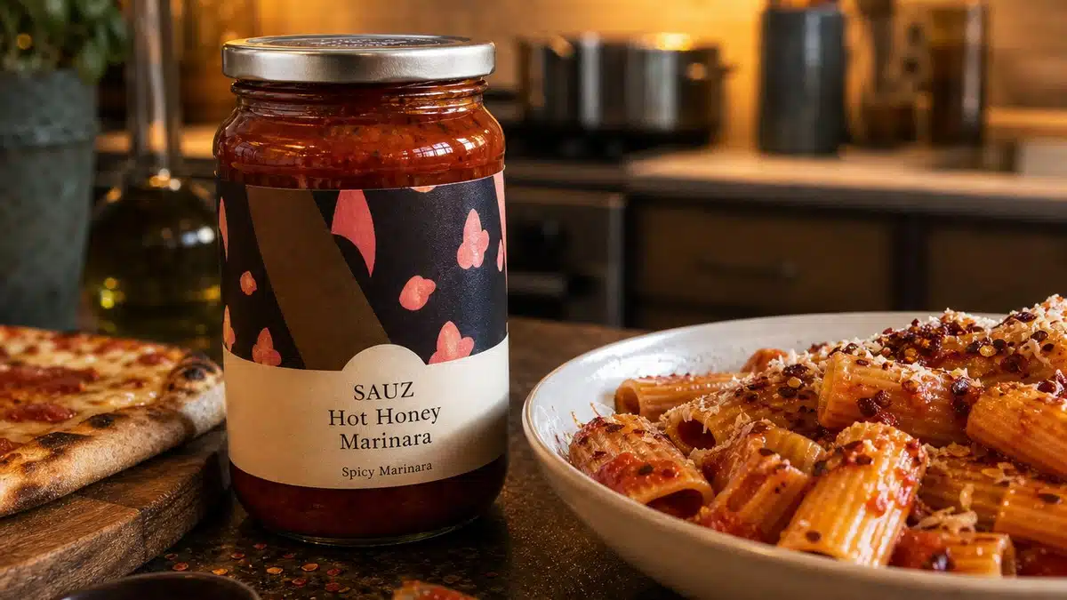 AI product-style photo of Sauz Hot Honey Marinara sauce for best sauz pasta sauce flavors