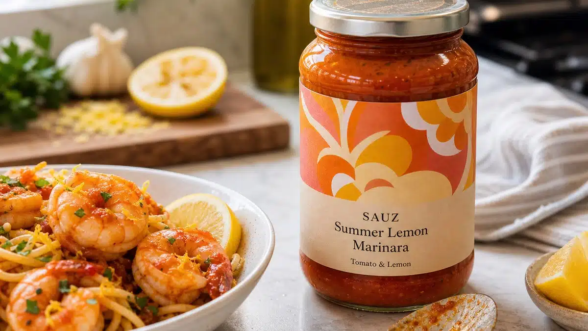 AI product-style photo of Sauz Summer Lemon Marinara sauce for best sauz pasta sauce flavors