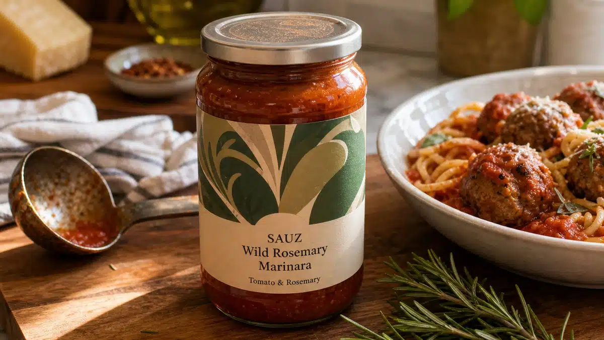 AI product-style photo of Sauz Wild Rosemary Marinara sauce for best sauz pasta sauce flavors
