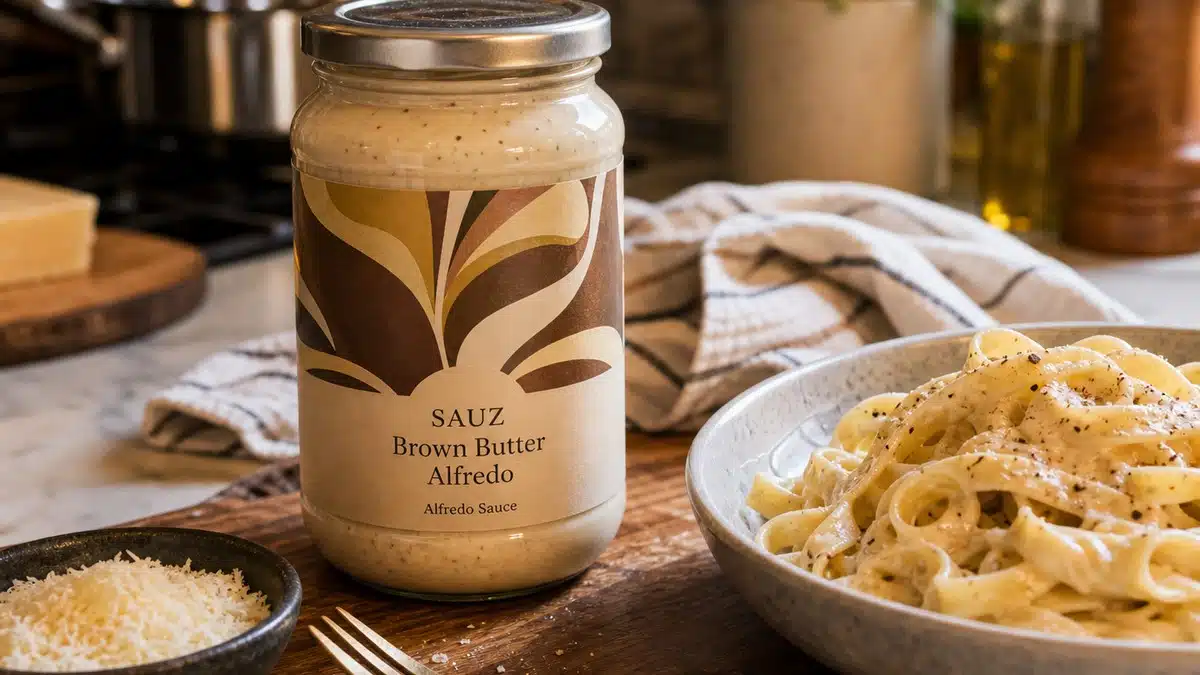 AI product-style photo of Sauz Brown Butter Alfredo sauce for best sauz pasta sauce flavors