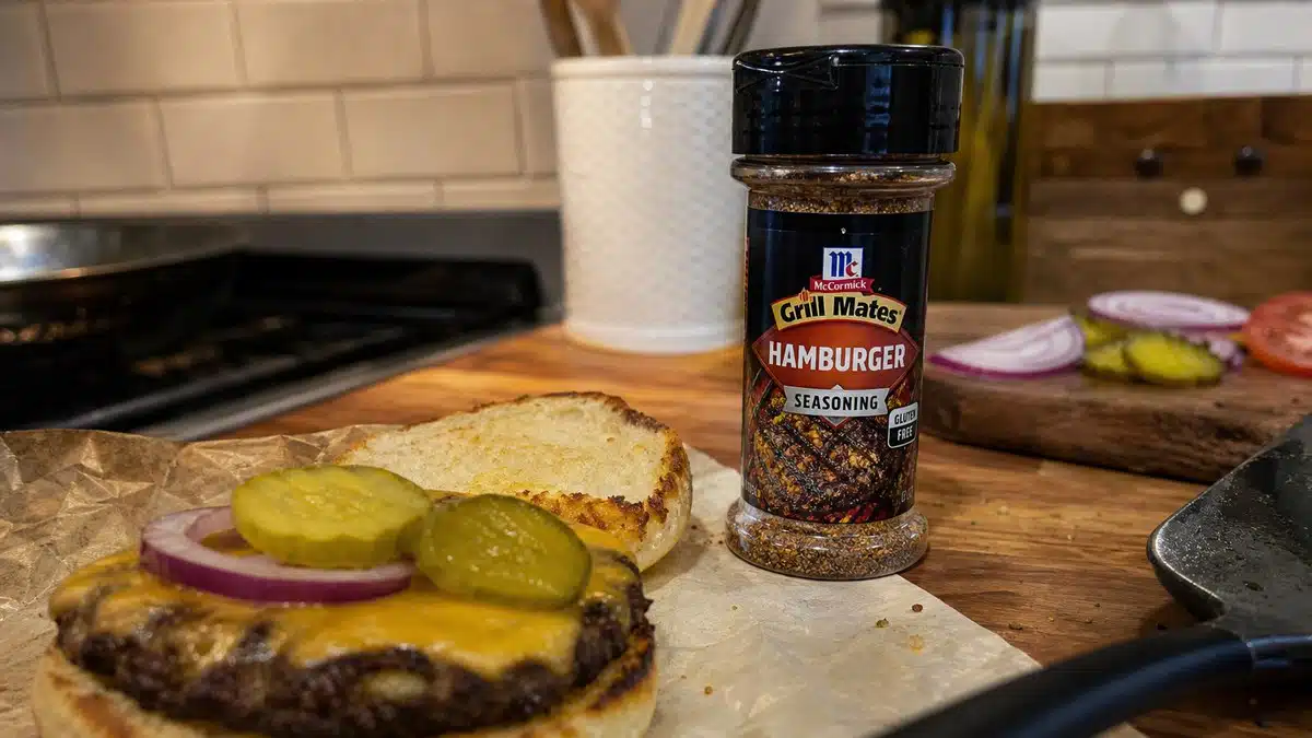 AI product-style photo of McCormick Grill Mates Hamburger Seasoning for best seasoning for burgers