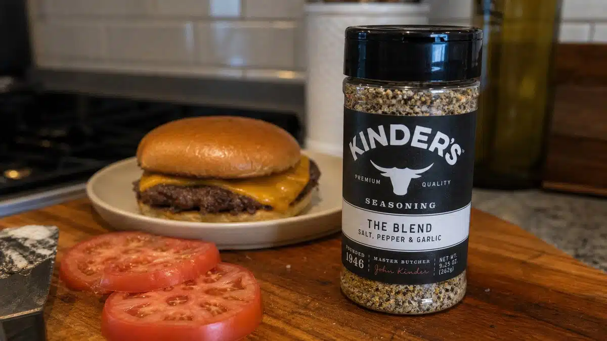 AI product-style photo of Kinder's The Blend Seasoning Salt, Pepper and Garlic for best seasoning for burgers