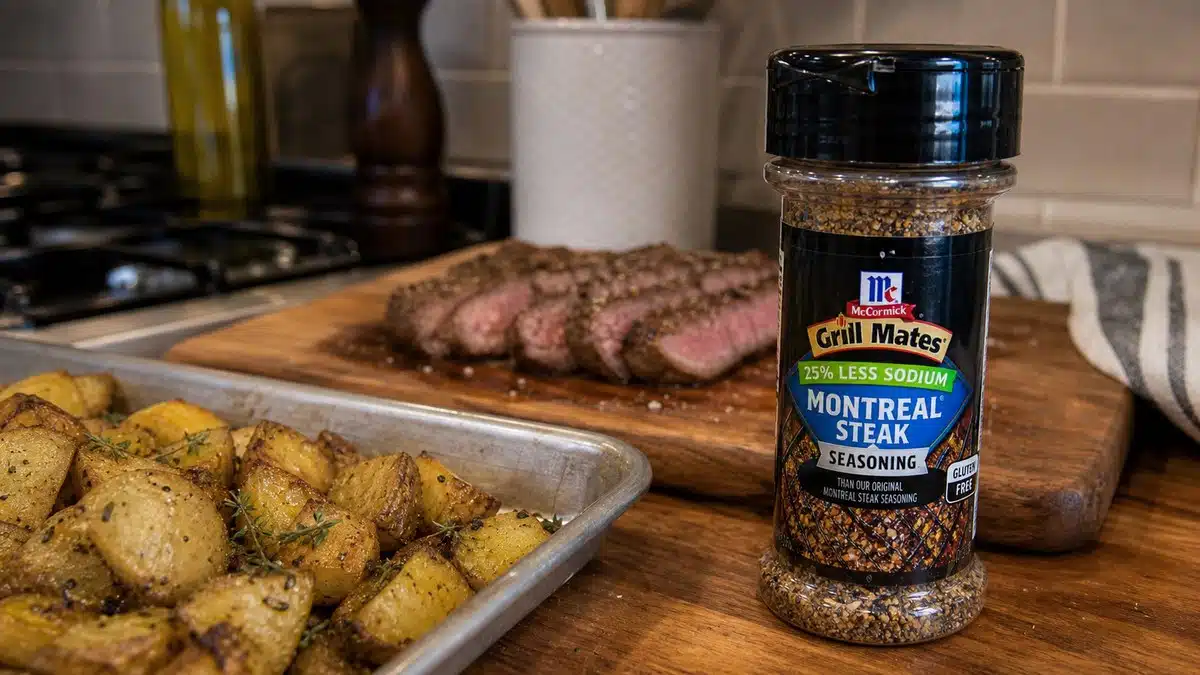 AI product-style photo of McCormick Grill Mates 25% Less Sodium Montreal Steak Seasoning for best seasoning for steaks