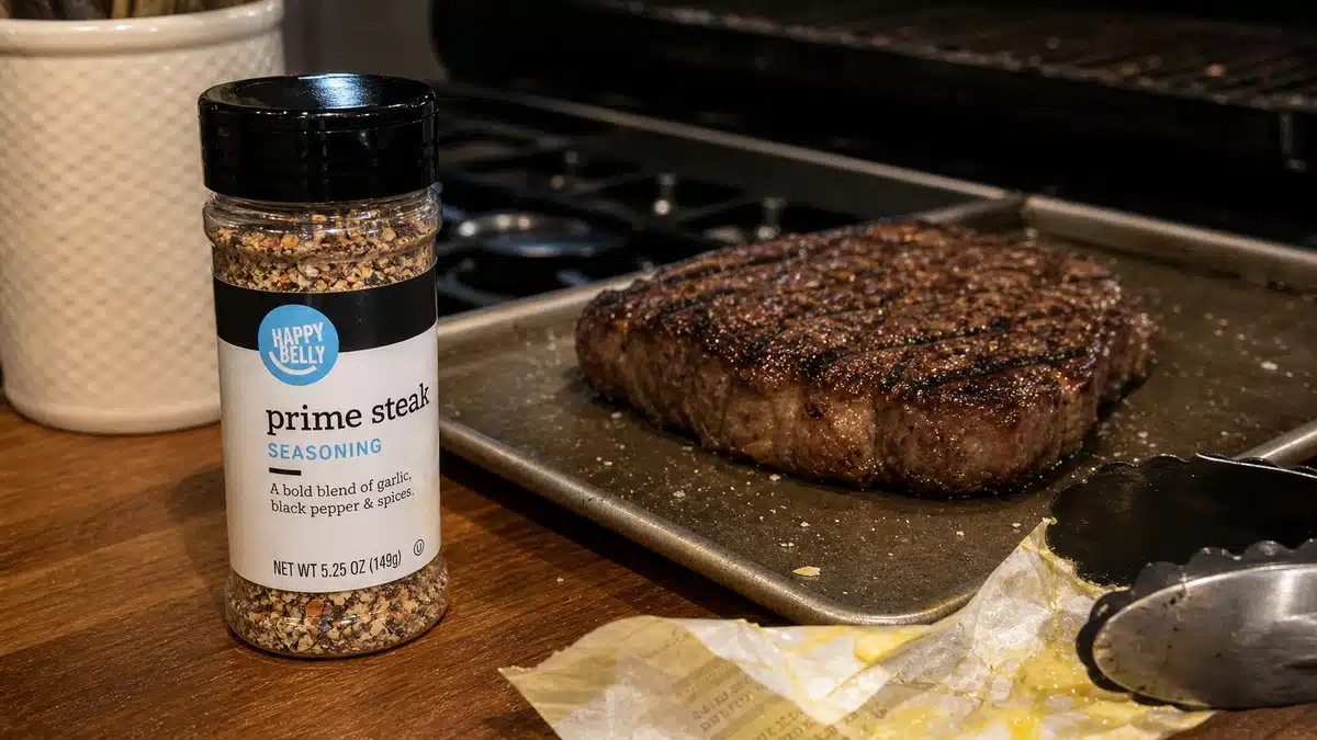 AI product-style photo of Amazon Brand Happy Belly Prime Steak Seasoning for best seasoning for steaks