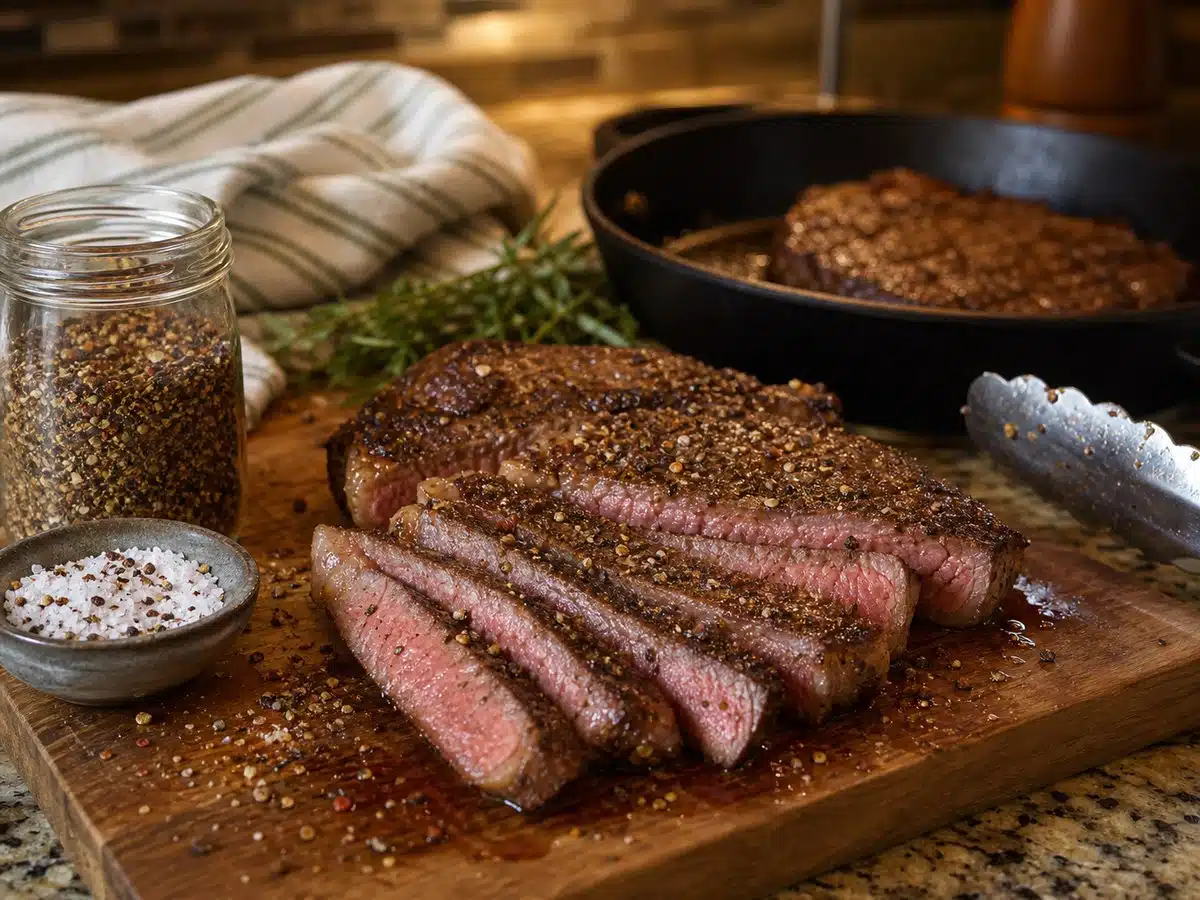 Seared steak with coarse seasoning on a kitchen counter for a best seasoning for steaks buying guide