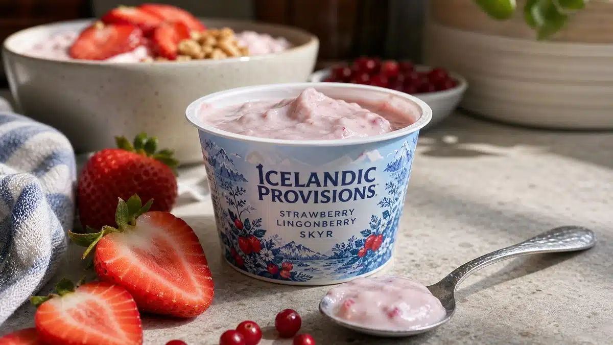 AI product-style photo of Icelandic Provisions Strawberry Lingonberry Skyr for best skyr Icelandic yogurts