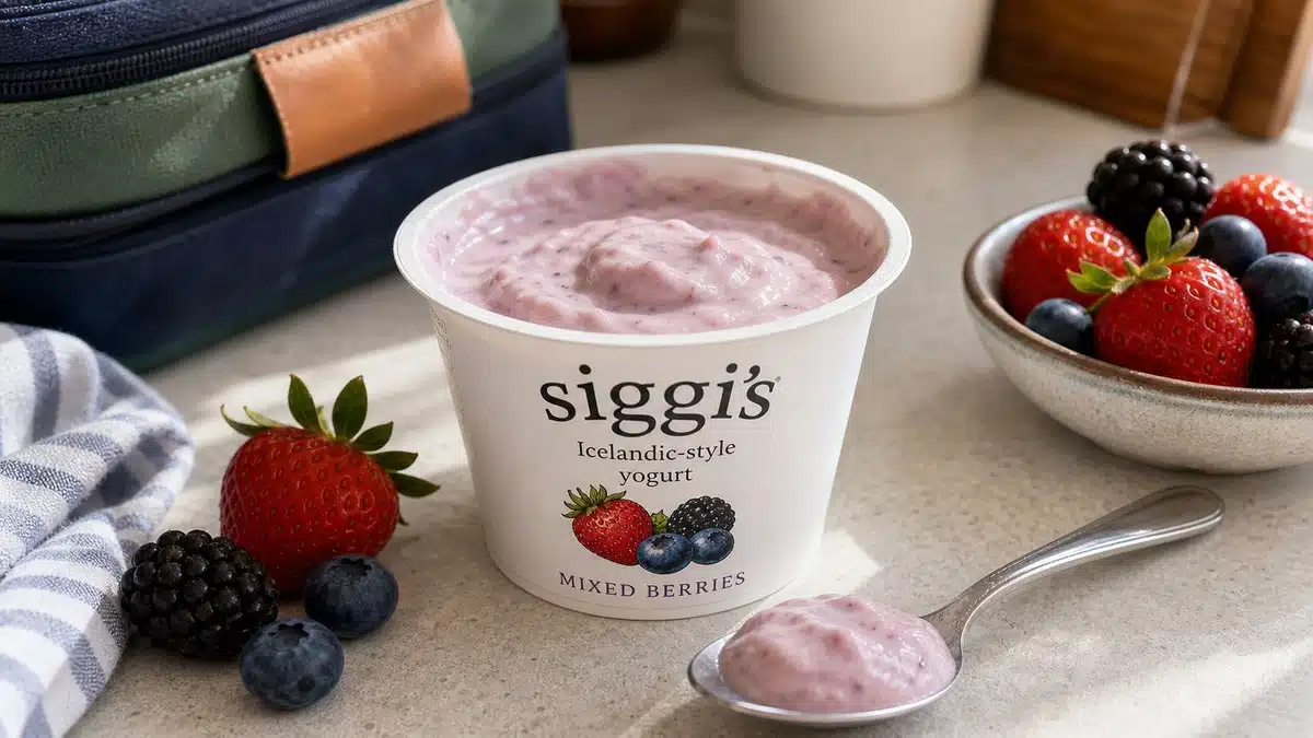 AI product-style photo of siggi's Mixed Berries Icelandic-style Yogurt for best skyr Icelandic yogurts