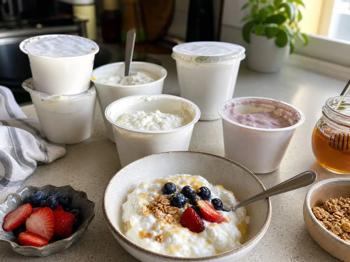 Assorted skyr Icelandic yogurt cups with berries, granola, and honey for best skyr Icelandic yogurts