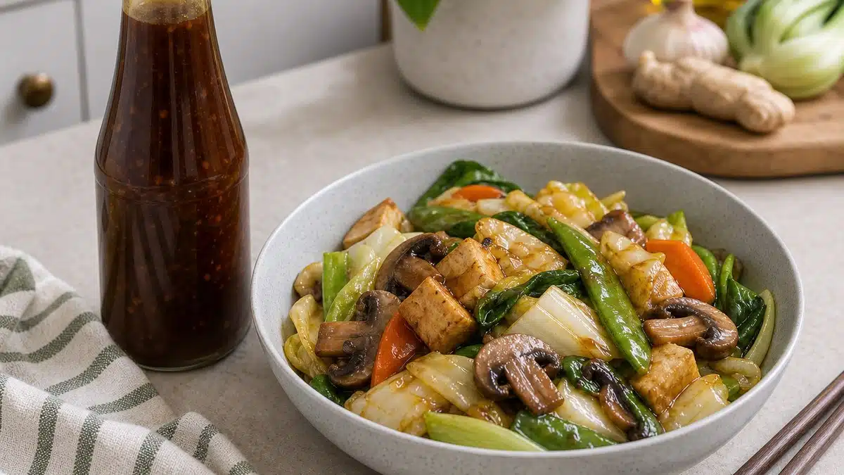 AI product-style photo of Lee Kum Kee Vegetarian Stir-fry Sauce for best stir fry sauce