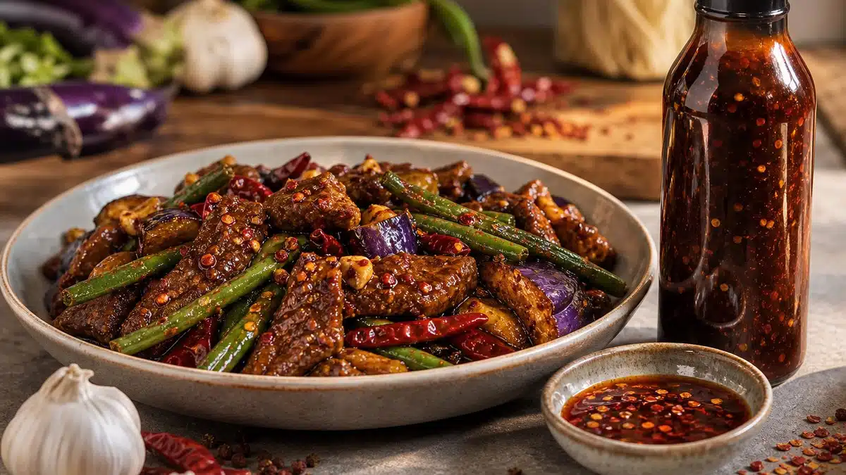 AI product-style photo of House of Tsang Szechuan Spicy Sauce for best stir fry sauce