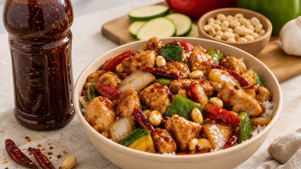 AI product-style photo of Panda Express Kung Pao Stir Fry Sauce for best stir fry sauce