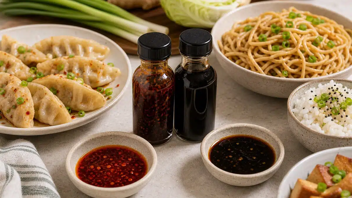 AI product-style photo of Dumpling Daughter Spicy Sweet & Ginger Soy Sauce 2-Pack for best stir fry sauce