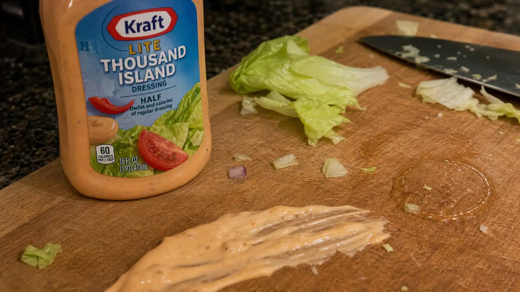 AI product-style photo of Kraft Thousand Island Lite dressing for best thousand island dressing