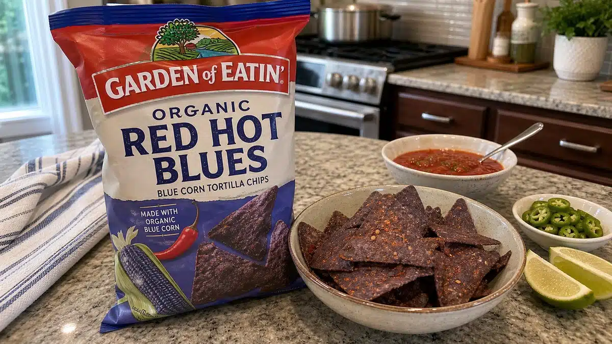 AI product-style photo of Garden of Eatin' Red Hot Blues chips for best tortilla chips