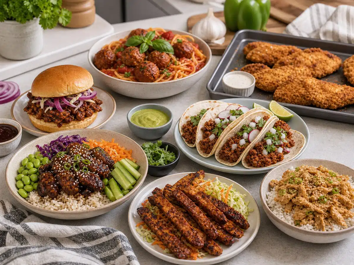 Vegan meat alternatives on plates for best vegan meats