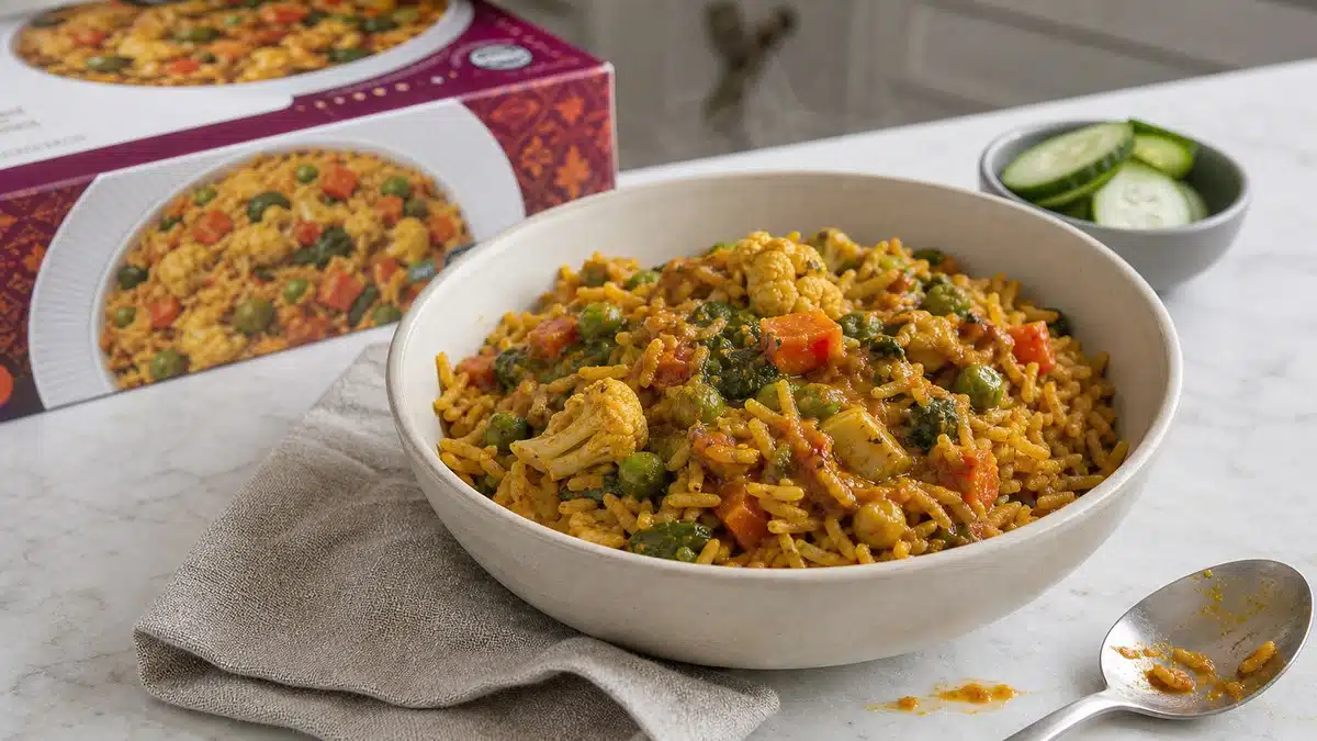 AI product-style photo of Saffron Road Vegetable Biryani for best vegetarian frozen meals