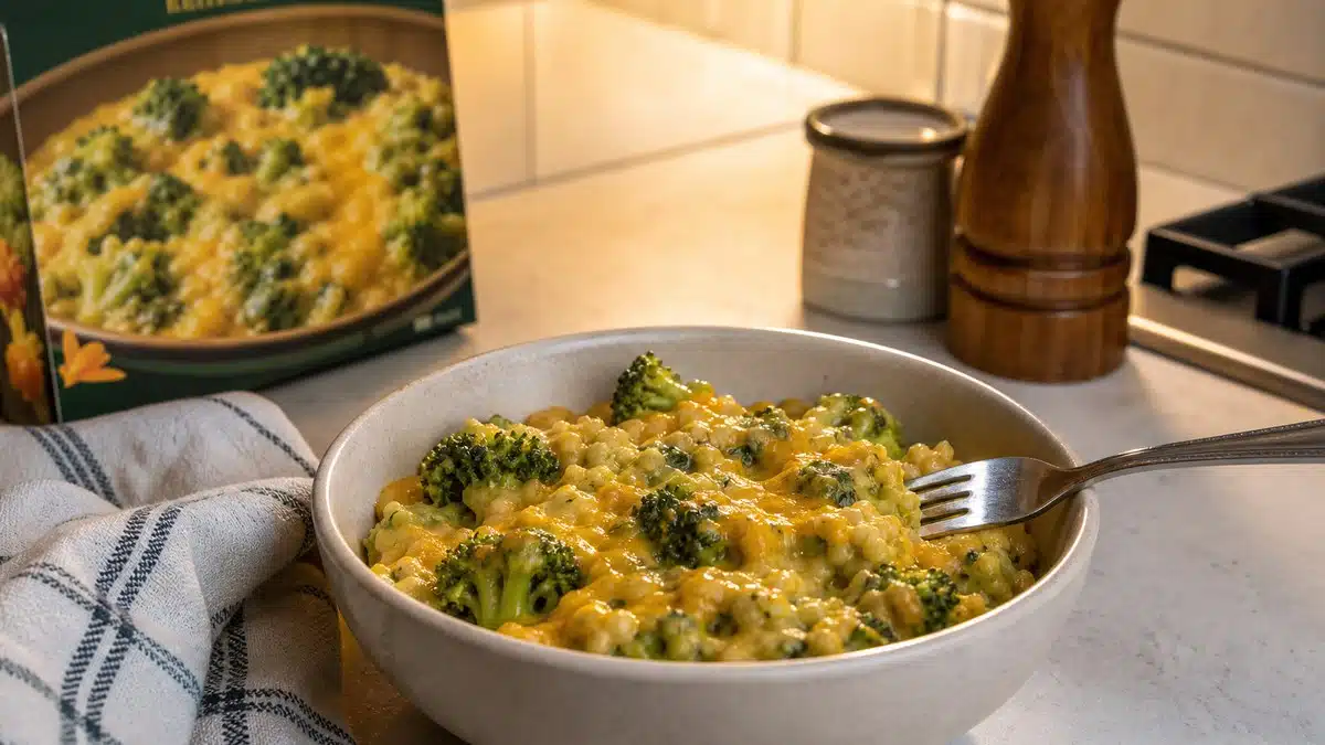 AI product-style photo of Amy's Broccoli & Cheddar Bake Bowl for best vegetarian frozen meals