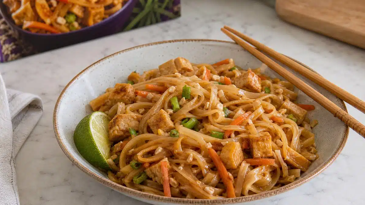 AI product-style photo of Amy's Pad Thai for best vegetarian frozen meals