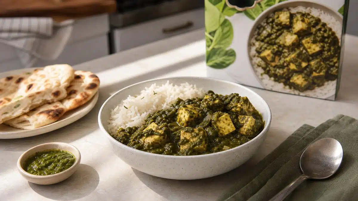 AI product-style photo of Saffron Road Spinach Palak Paneer for best vegetarian frozen meals