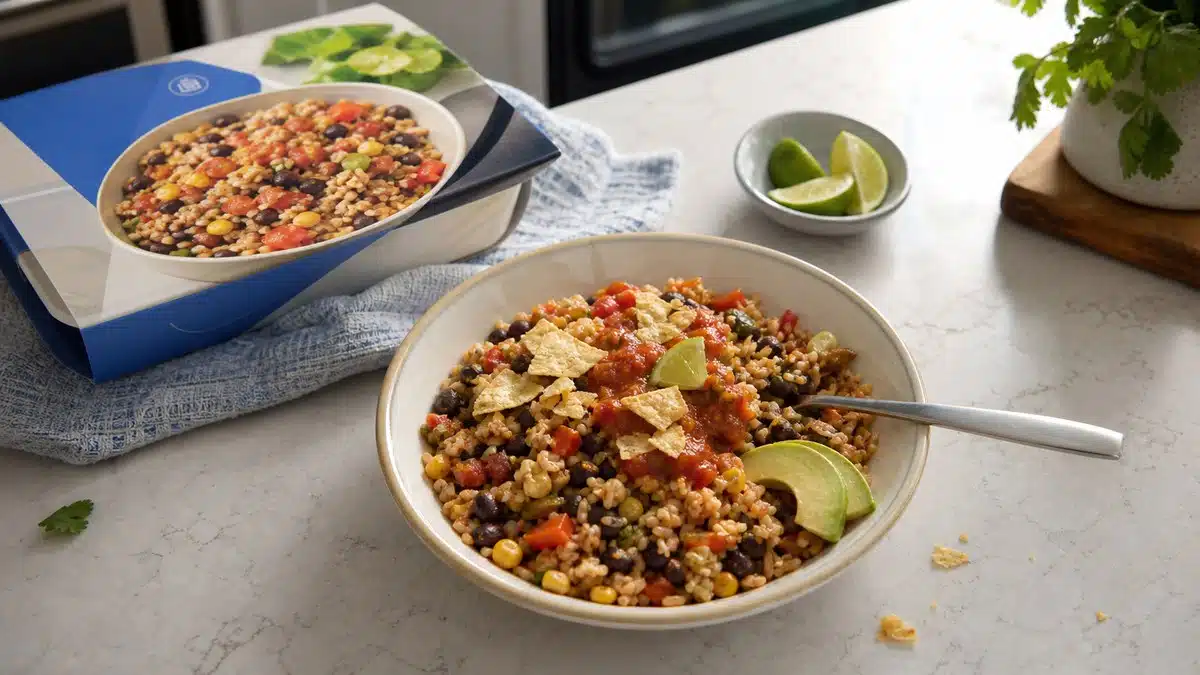 AI product-style photo of Blue Zones Kitchen Burrito Bowl for best vegetarian frozen meals