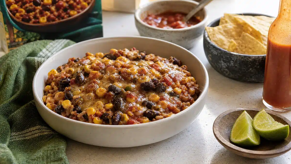 AI product-style photo of Amy's Mexican Casserole Bowl for best vegetarian frozen meals