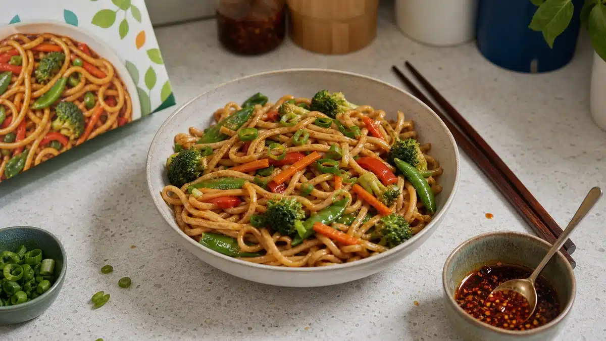 AI product-style photo of 365 Vegetable Lo Mein for best vegetarian frozen meals