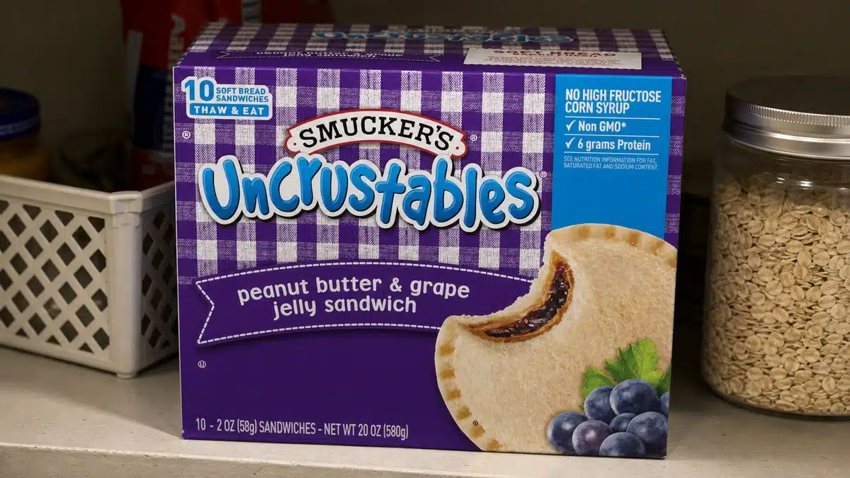 AI product-style photo of Smucker's Uncrustables Peanut Butter and Grape Jelly Sandwiches for best after school snacks