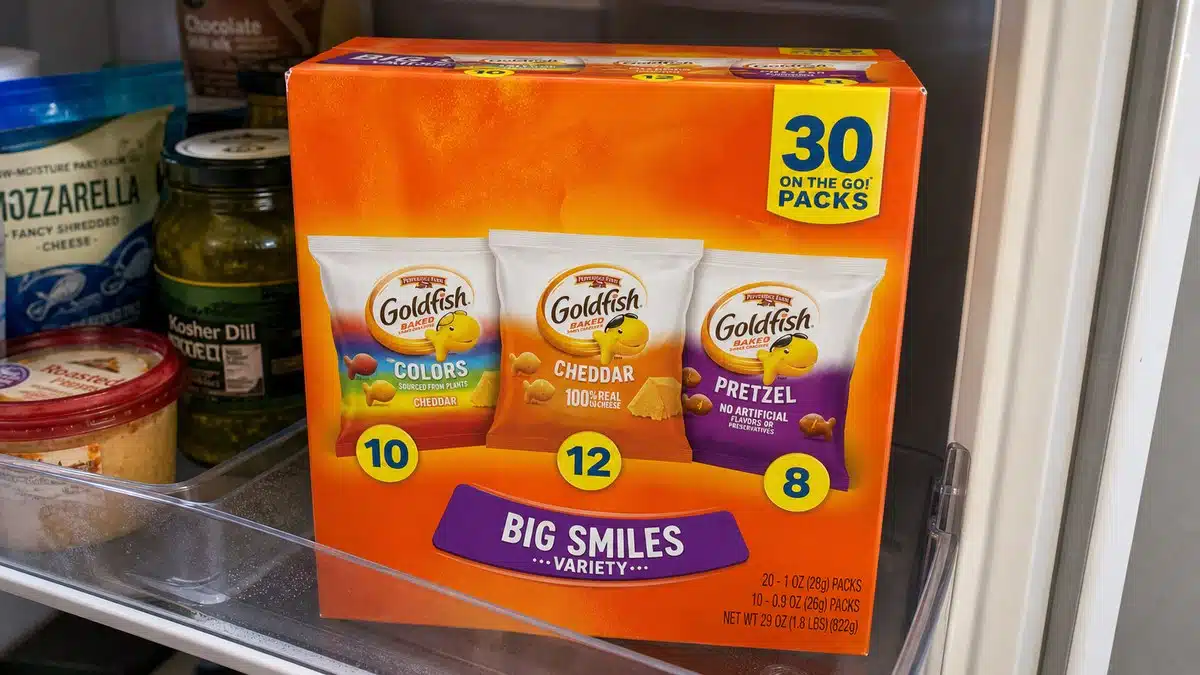 AI product-style photo of Goldfish Crackers Big Smiles Variety Pack for best after school snacks