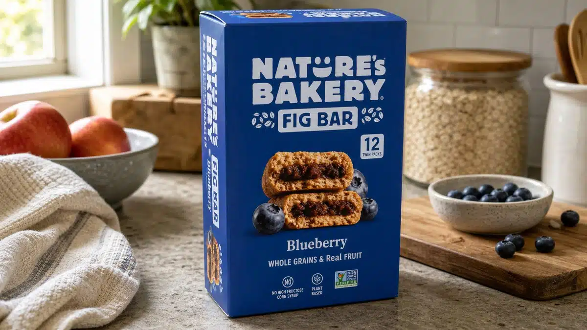 AI product-style photo of Nature's Bakery Whole Wheat Fig Bars Blueberry for best after school snacks