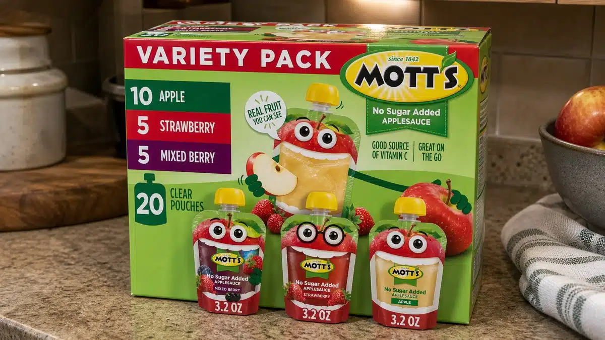 AI product-style photo of Mott's No Sugar Added Applesauce Pouches Variety Pack for best after school snacks