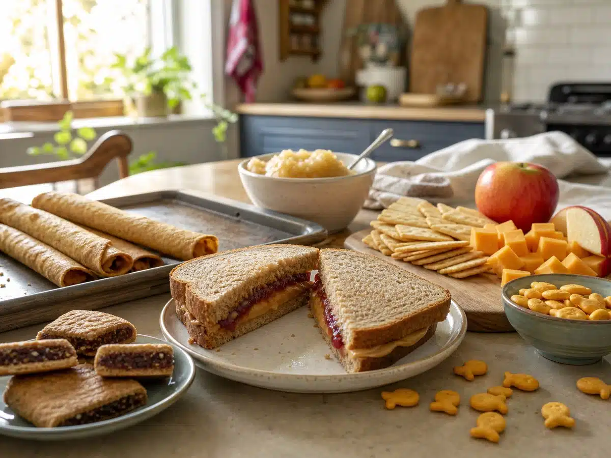 After-school snack spread with taquitos, a peanut butter and jelly sandwich, cheese and crackers, applesauce, fig bars, and goldfish crackers on a kitchen counter for the best after school snacks guide