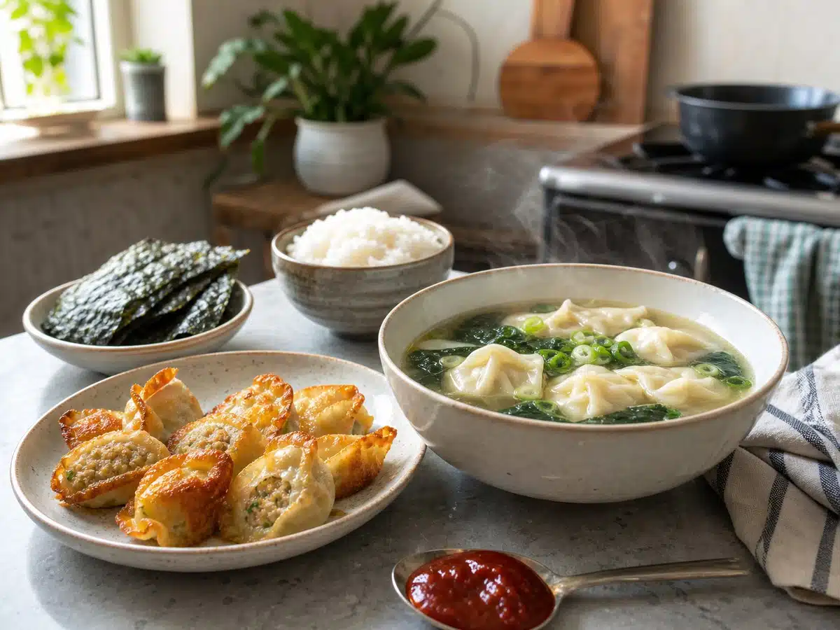 Wonton soup, crispy dumplings, sticky rice, seaweed sheets, and Korean-style sauce on a kitchen counter for the best Bibigo products guide