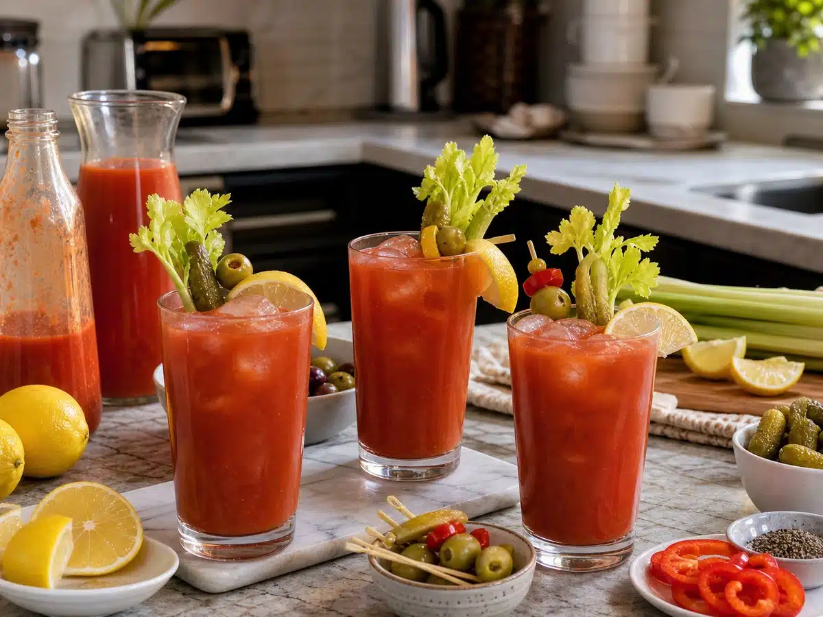 Bloody Mary drinks with celery, lemon, olives, pickles, and tomato mix for ForkliftKitchen's best Bloody Mary mix guide