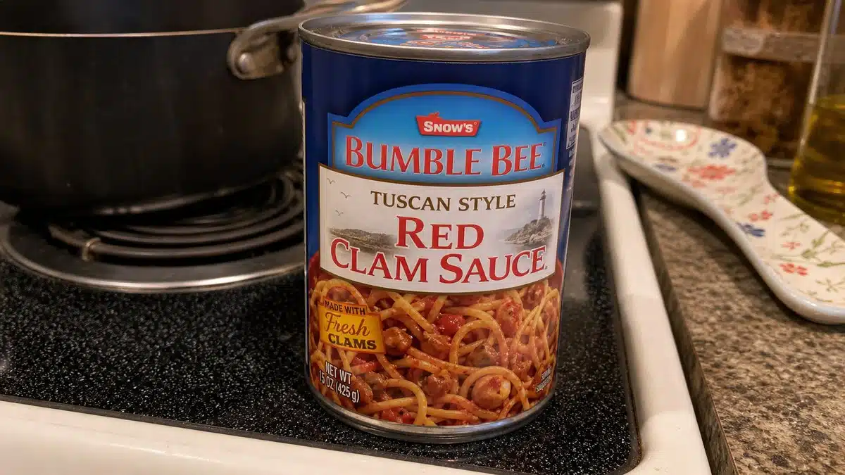 AI product-style photo of Snow's Tuscan Style Red Clam Sauce for best canned clam sauce