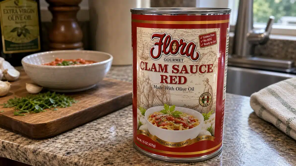 AI product-style photo of Flora Foods Gourmet Clam Sauce Red for best canned clam sauce