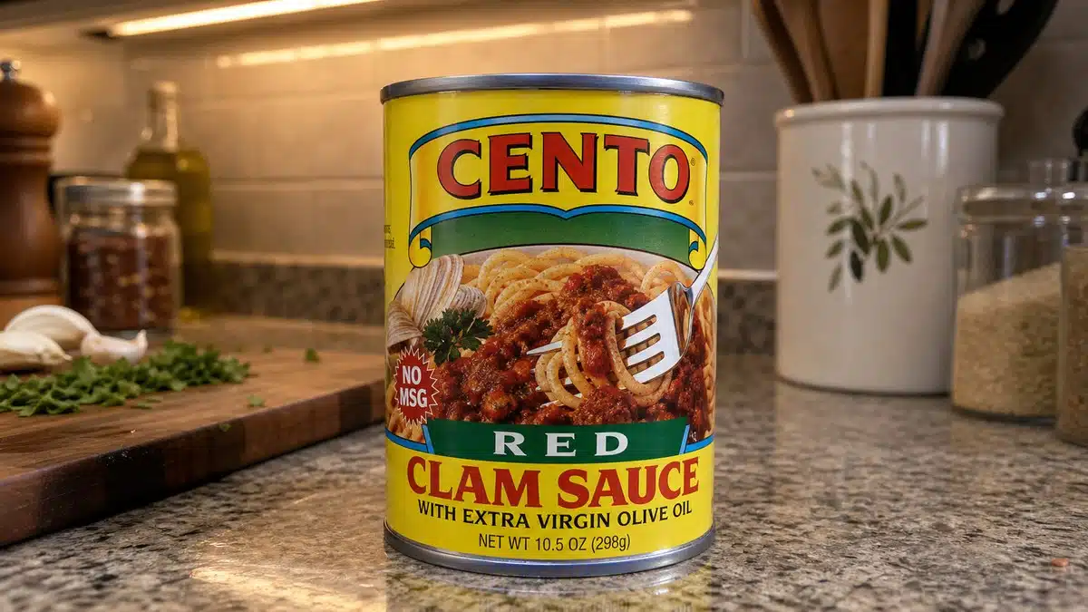 AI product-style photo of Cento Sauce Clam Red for best canned clam sauce