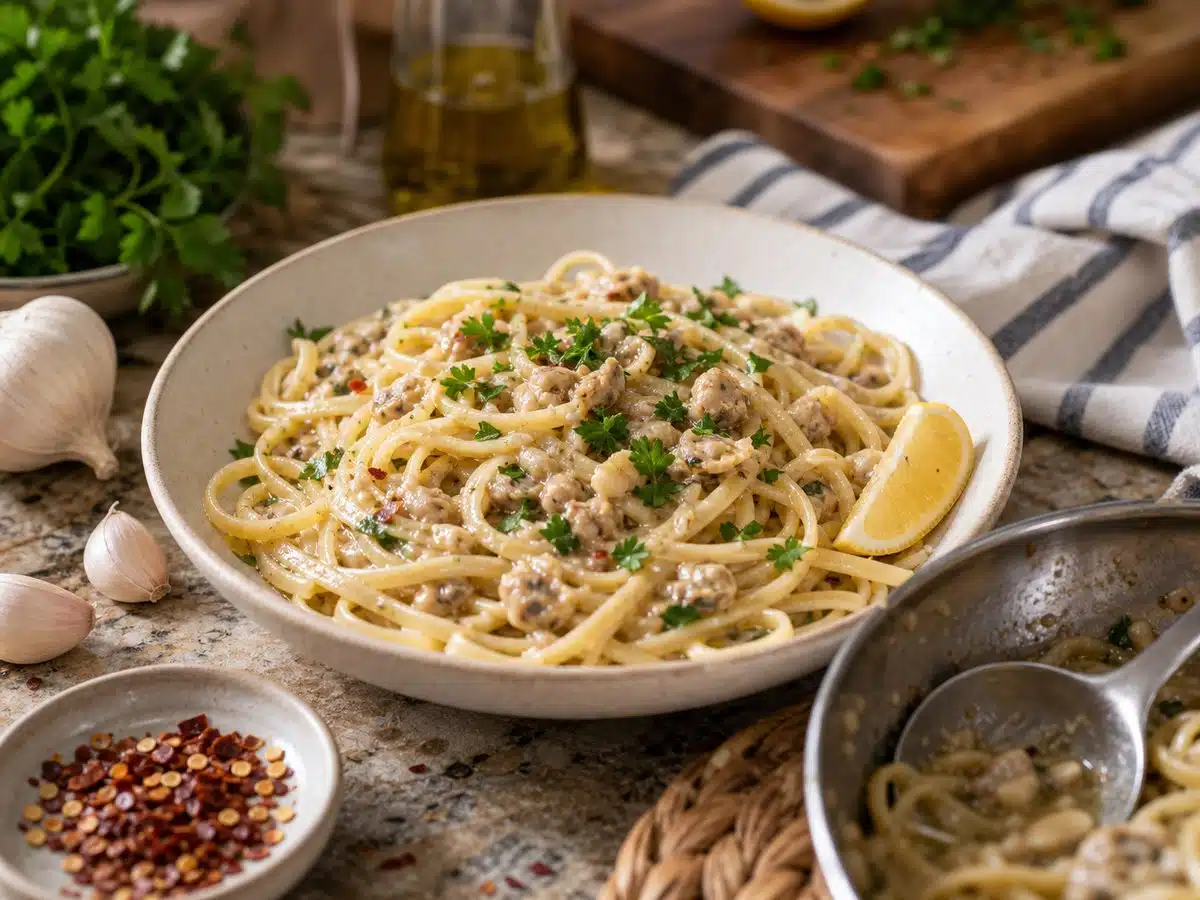 Editorial photo of linguine in clam sauce with garlic, parsley, and lemon for the best canned clam sauce guide