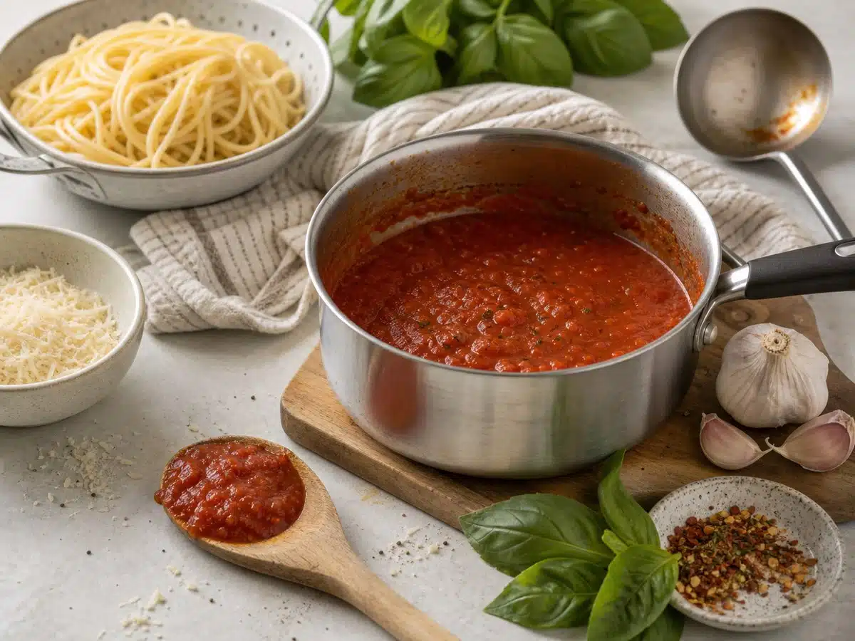 Unbranded canned spaghetti sauce scene with tomato sauce, spaghetti, herbs, and a spoon on a kitchen counter