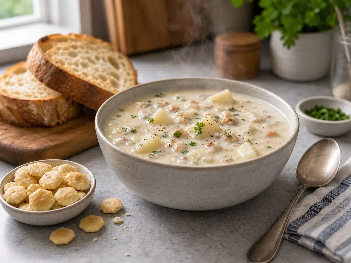 Bowl of creamy clam chowder with crackers and bread for best chowder