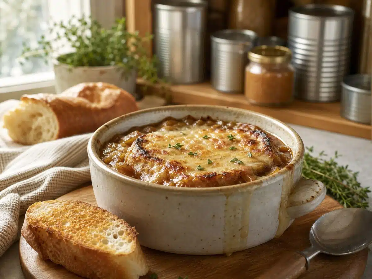 Bowl of French onion soup with toasted bread for best french onion soup