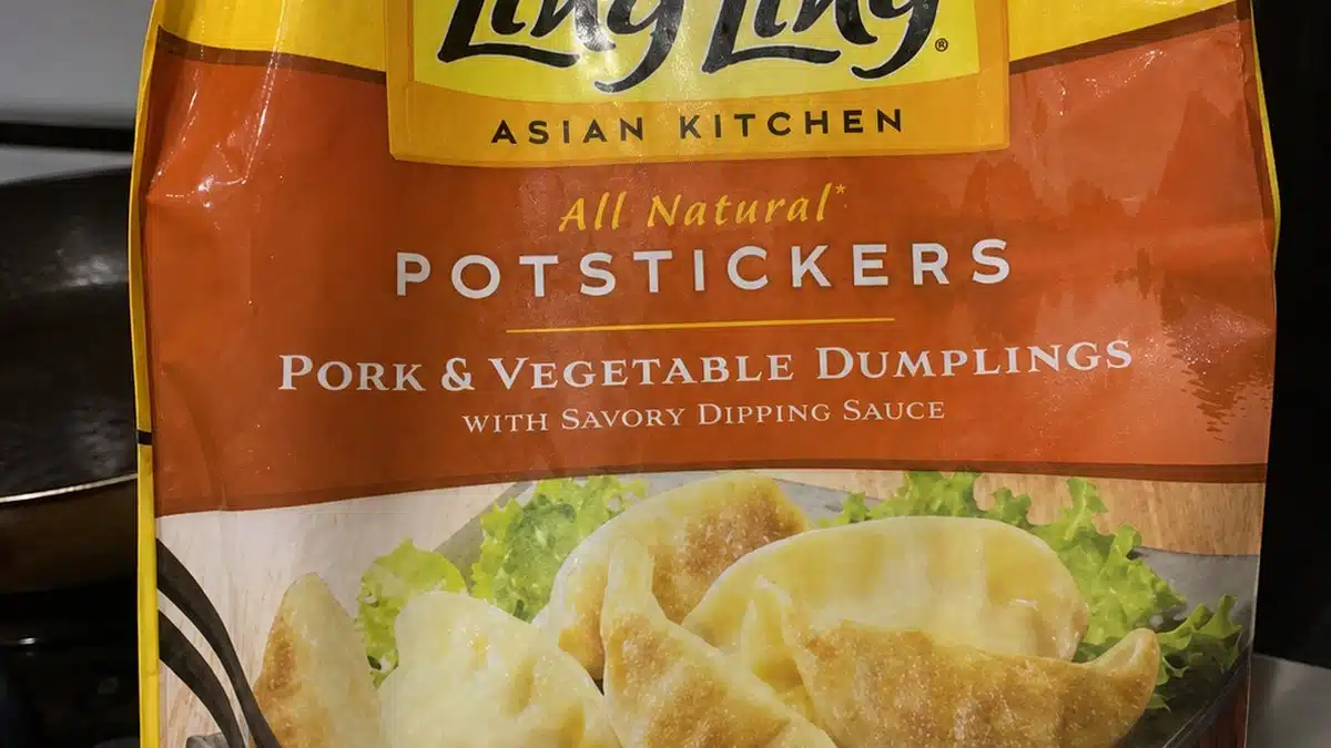 AI product-style photo of Ling Ling Pork & Vegetable Potstickers for best frozen chinese meals