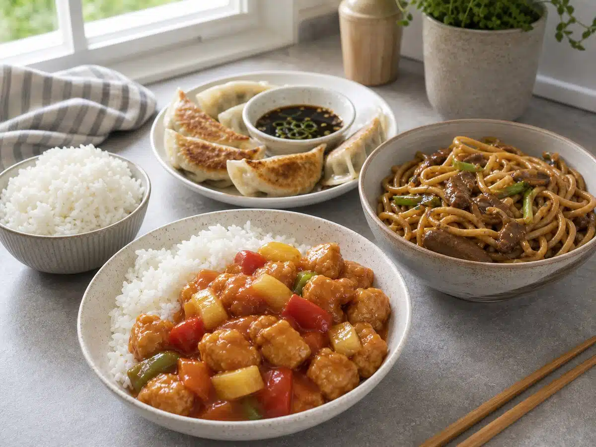 Frozen Chinese-style meal bowls with potstickers and rice for best frozen Chinese meals