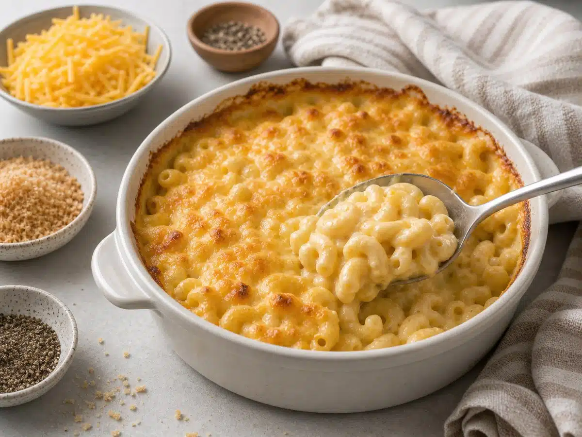 Unbranded frozen mac and cheese with browned edges and a serving spoon in a baking dish