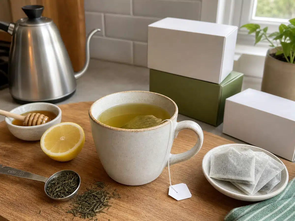 Cup of green tea with unbranded tea boxes for best green tea