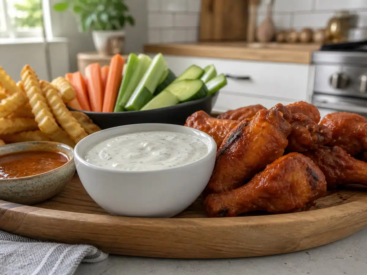 Unbranded ranch dip with wings fries vegetables and smoky sauce for best Hidden Valley ranch flavors