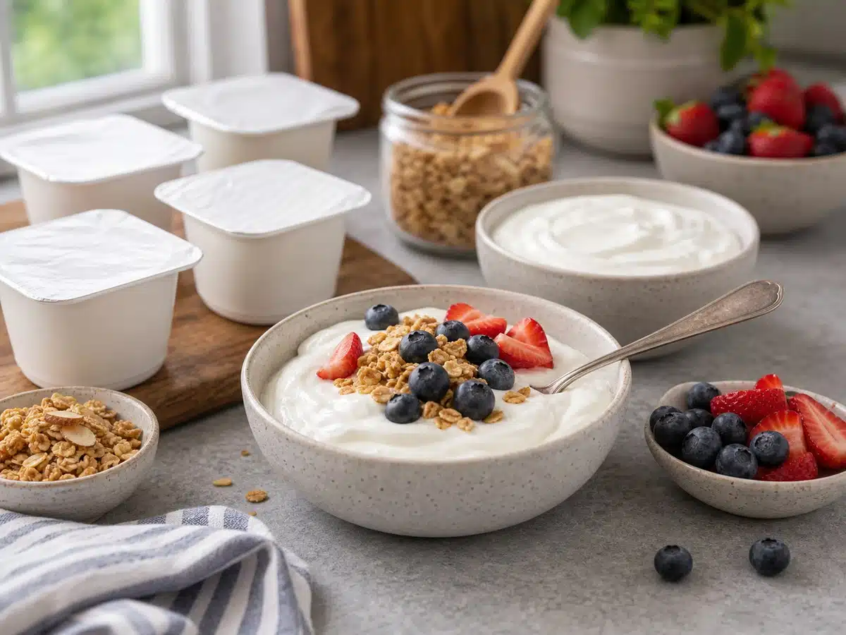 Yogurt bowl with berries granola and unbranded yogurt cups for best high protein yogurt