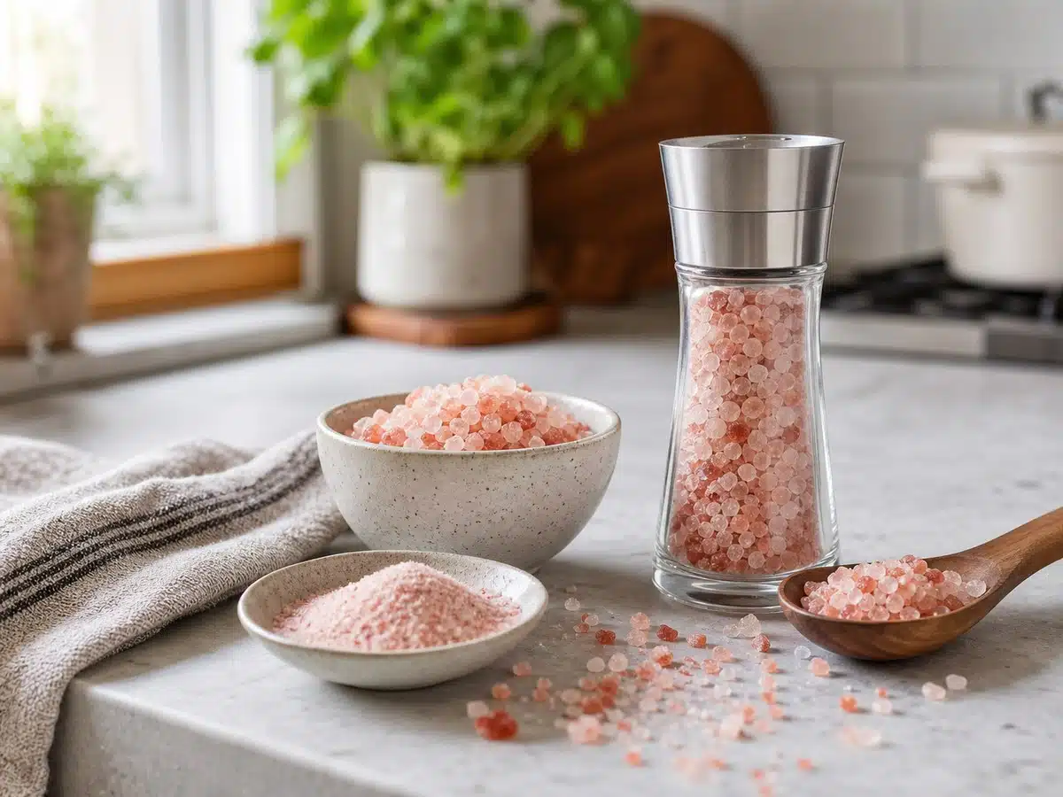 Bowls of fine and coarse Himalayan pink salt beside a salt grinder on a kitchen counter for a best Himalayan pink salt buying guide