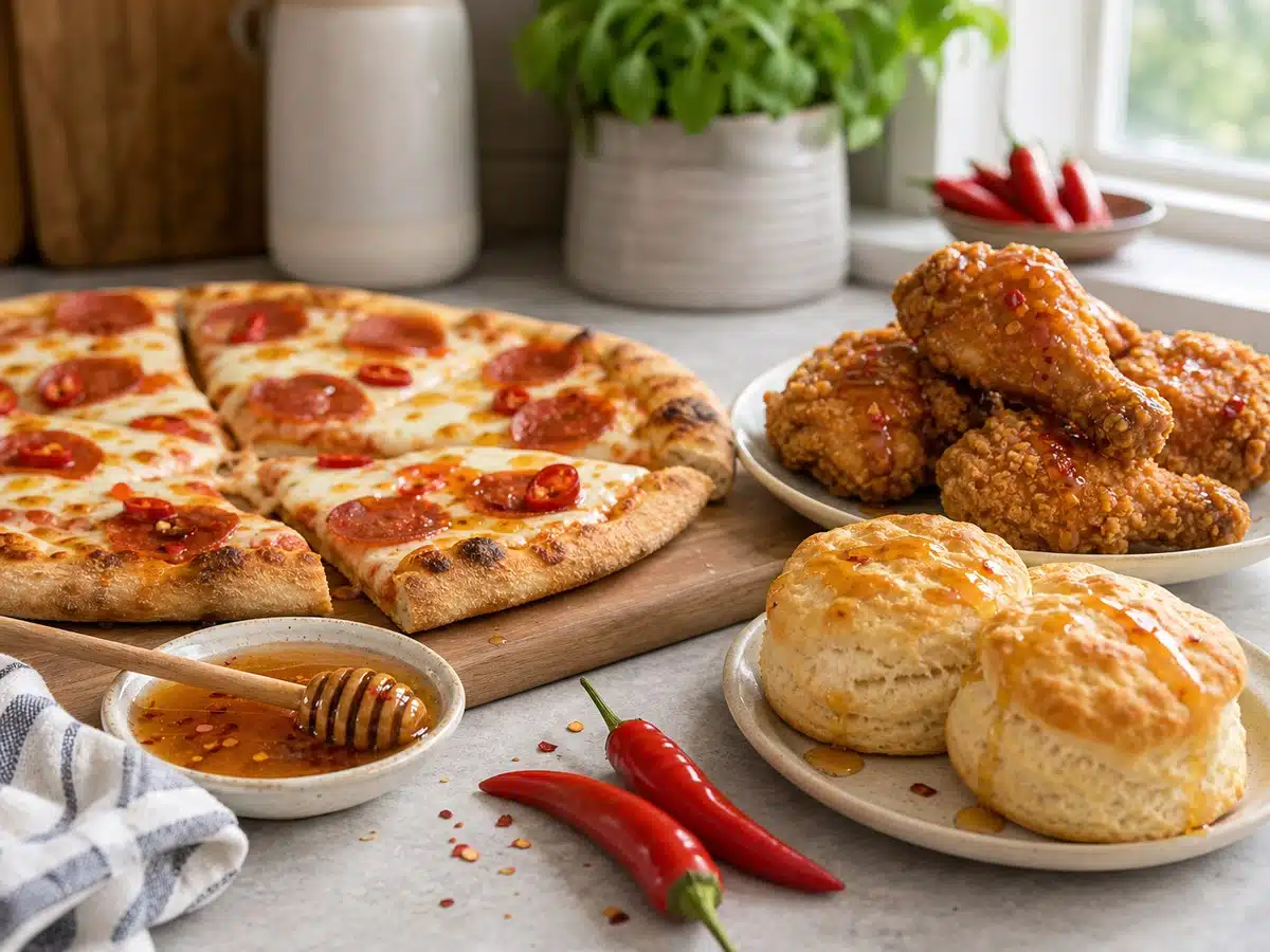 Hot honey drizzled over pizza fried chicken and biscuits for best hot honey