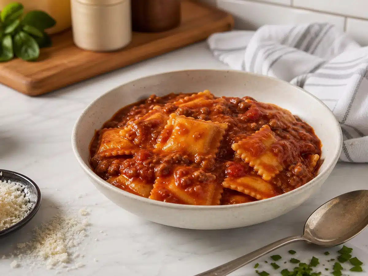 Unbranded bowl of meat ravioli in tomato sauce for best meat ravioli