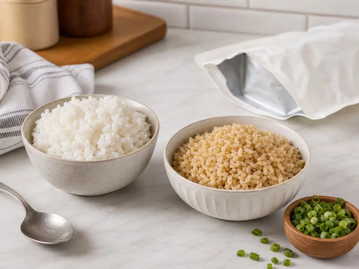 Unbranded bowls of white and brown microwave rice for best microwave rice
